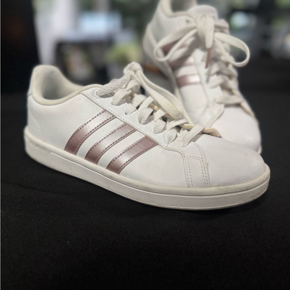 Adidas Women's White Sneakers with Pink Stripes